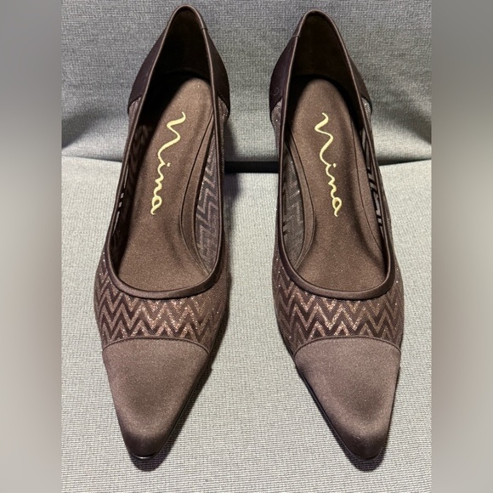 Nina Pointy Toe Heels Women’s Size 7 Brown Zig Zag Glitter